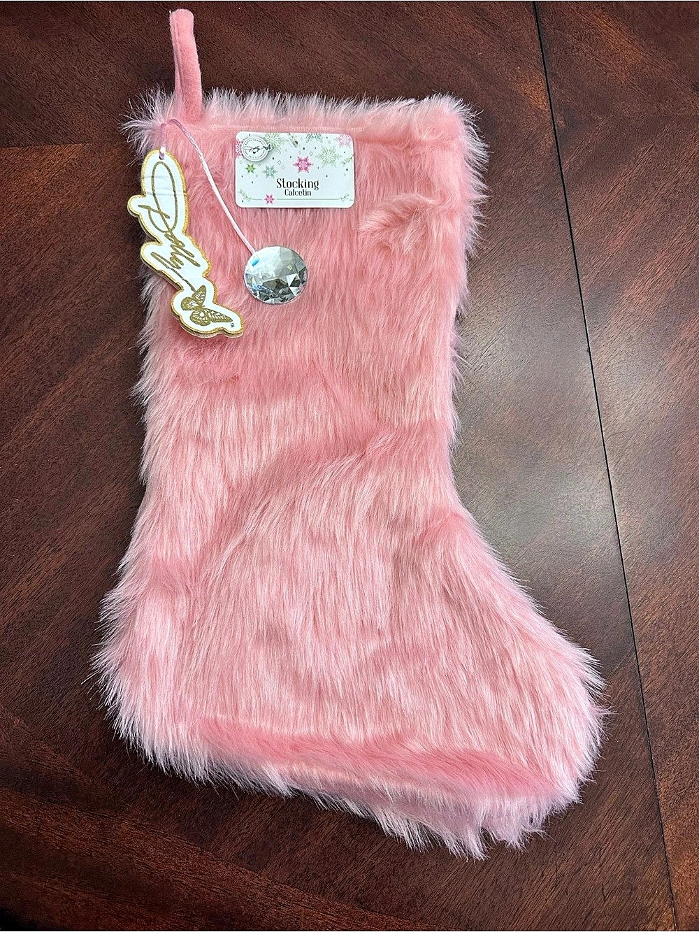 NWT Dolly Parton Pink Faux Fur Christmas Stocking w/Signature Tag Jewel Charm